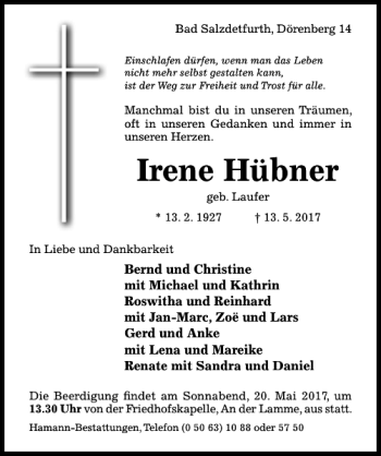 Traueranzeige von Irene Hübner von Hildesheimer Allgemeine Zeitung
