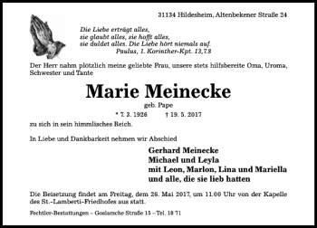 Traueranzeige von Marie Meinecke von Hildesheimer Allgemeine Zeitung