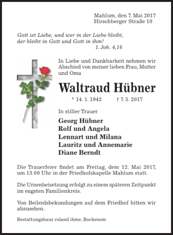 Traueranzeige von Waltraud Hübner von Hildesheimer Allgemeine Zeitung