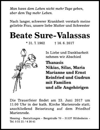 Traueranzeige von Beate Sure-Valassas von Hildesheimer Allgemeine Zeitung