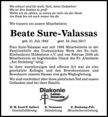 Traueranzeige von Beate Sure-Valassas von Hildesheimer Allgemeine Zeitung