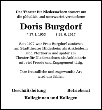 Traueranzeige von Doris Burgdorf von Hildesheimer Allgemeine Zeitung