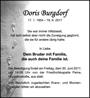 Traueranzeige von Doris Burgdorf von Hildesheimer Allgemeine Zeitung