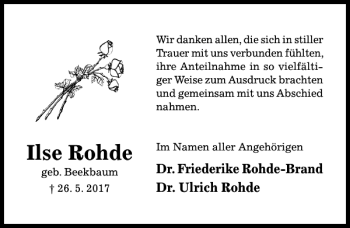 Traueranzeige von Ilse Rohde von Hildesheimer Allgemeine Zeitung