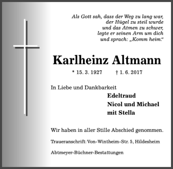 Traueranzeige von Karlheinz Altmann von Hildesheimer Allgemeine Zeitung