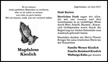 Traueranzeige von Magdalene Kieslich von Hildesheimer Allgemeine Zeitung