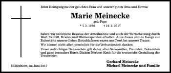 Traueranzeige von Marie Meinecke von Hildesheimer Allgemeine Zeitung