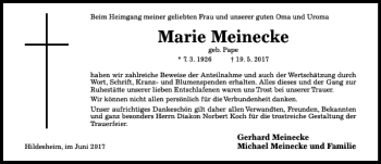 Traueranzeige von Marie Meinecke von Hildesheimer Allgemeine Zeitung