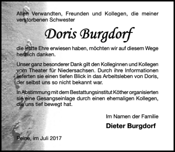 Traueranzeige von Doris Burgdorf von Hildesheimer Allgemeine Zeitung