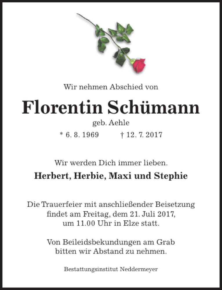  Traueranzeige für Florentin Schümann vom 18.07.2017 aus Hildesheimer Allgemeine Zeitung