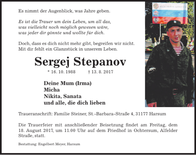  Traueranzeige für Sergej Stepanov vom 17.08.2017 aus Hildesheimer Allgemeine Zeitung