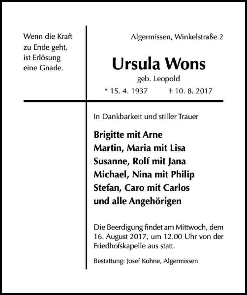  Traueranzeige für Ursula Wons vom 12.08.2017 aus Hildesheimer Allgemeine Zeitung