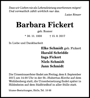 Traueranzeige von Barbara Fickert von Hildesheimer Allgemeine Zeitung