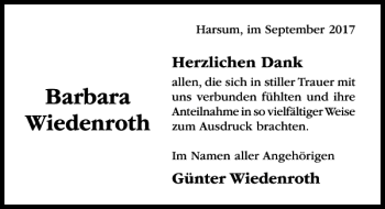 Traueranzeige von Barbara Wiedenroth von Hildesheimer Allgemeine Zeitung