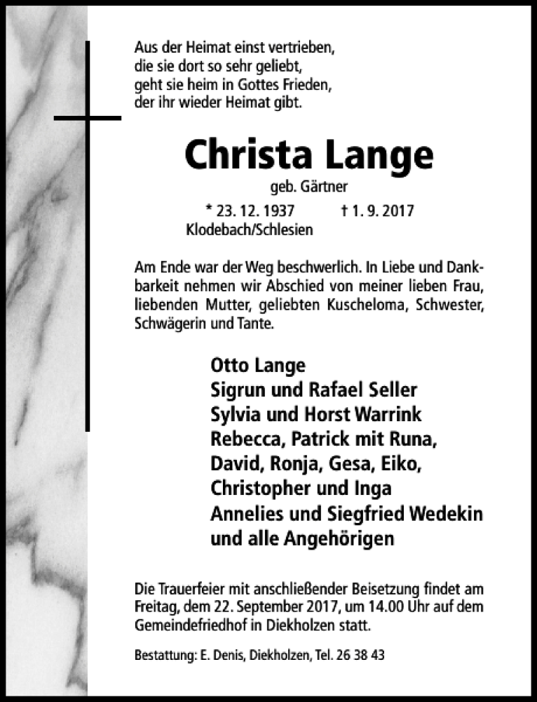  Traueranzeige für Christa Lange vom 19.09.2017 aus Hildesheimer Allgemeine Zeitung
