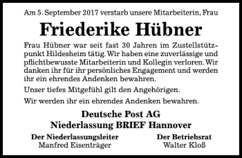 Traueranzeige von Friederike Hübner von Hildesheimer Allgemeine Zeitung