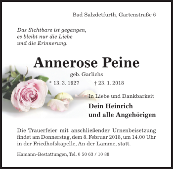 Traueranzeige von Annerose Peine von Hildesheimer Allgemeine Zeitung