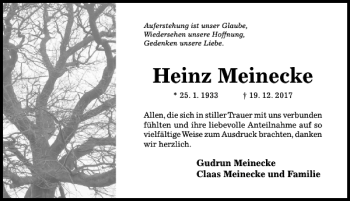 Traueranzeige von Heinz Meinecke von Hildesheimer Allgemeine Zeitung