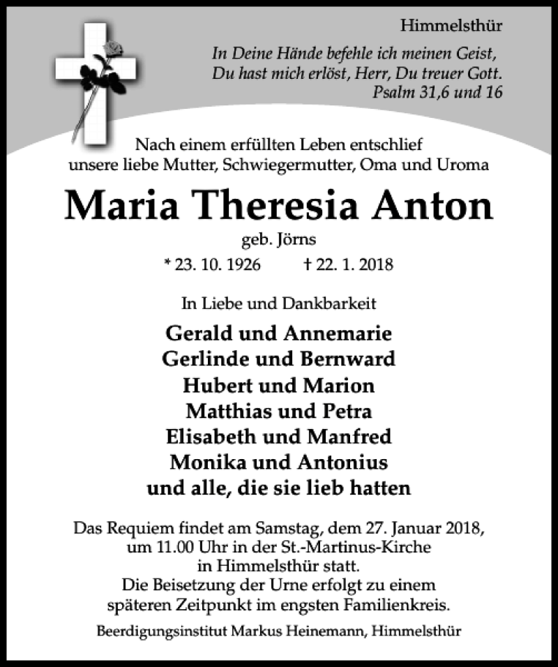 Traueranzeigen Von Maria Theresia Anton Trauerportal Hildesheimer