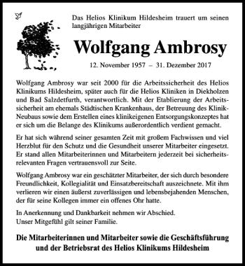 Traueranzeige von Wolfgang Ambrosy von Hildesheimer Allgemeine Zeitung