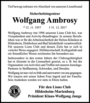 Traueranzeige von Wolfgang Ambrosy von Hildesheimer Allgemeine Zeitung