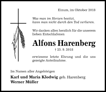 Traueranzeige von Alfons Harenberg von Hildesheimer Allgemeine Zeitung