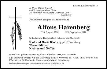 Traueranzeige von Alfons Harenberg von Hildesheimer Allgemeine Zeitung