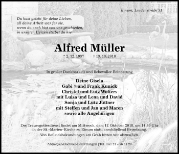 Traueranzeige von Alfred Müller von Hildesheimer Allgemeine Zeitung