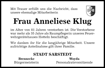 Traueranzeige von Anneliese Klug von Hildesheimer Allgemeine Zeitung