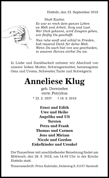 Traueranzeige von Anneliese Klug von Hildesheimer Allgemeine Zeitung