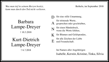 Traueranzeige von Barbara Lampe-Dreyer von Hildesheimer Allgemeine Zeitung