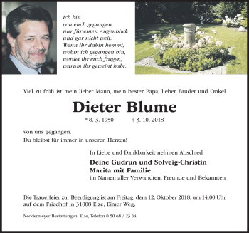 Traueranzeige von Dieter Blume von Hildesheimer Allgemeine Zeitung