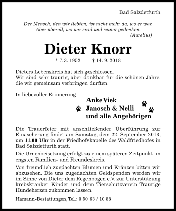 Traueranzeige von Dieter Knorr von Hildesheimer Allgemeine Zeitung