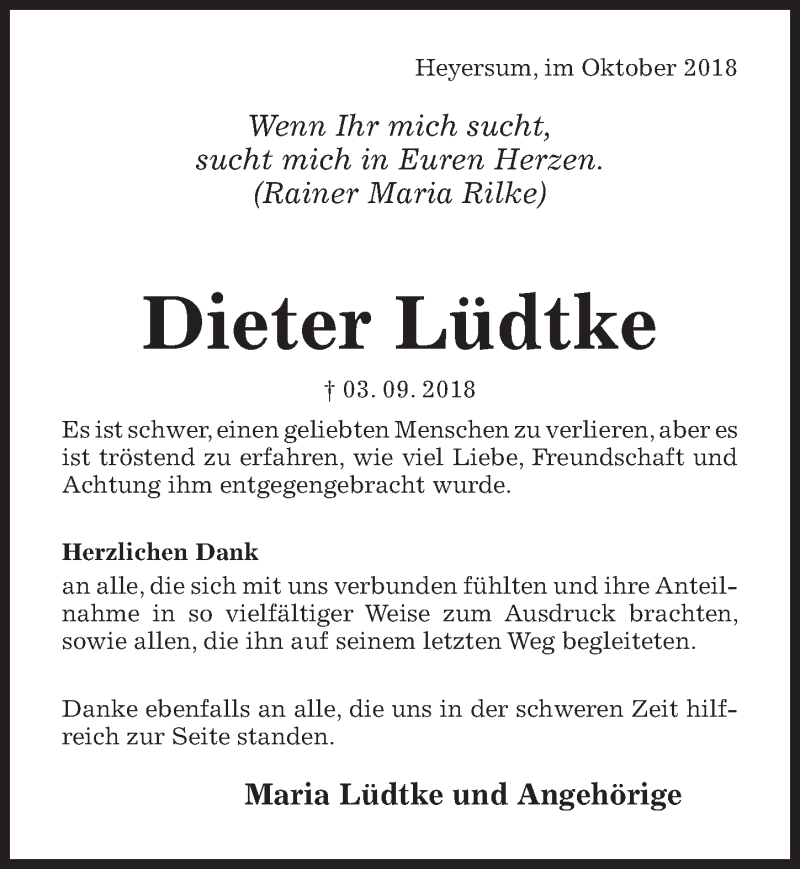  Traueranzeige für Dieter Lüdtke vom 06.10.2018 aus Hildesheimer Allgemeine Zeitung