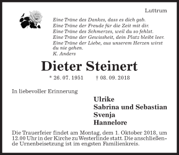 Traueranzeige von Dieter Steinert von Hildesheimer Allgemeine Zeitung