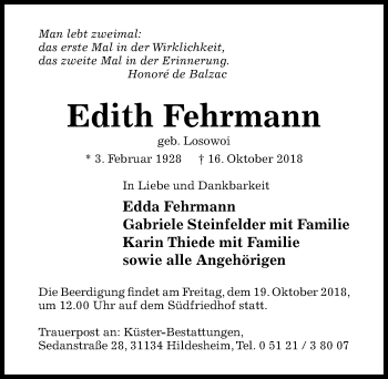 Traueranzeige von Edith Fehrmann von Hildesheimer Allgemeine Zeitung