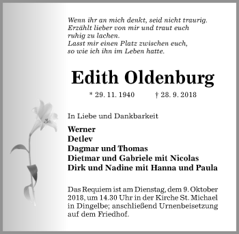 Traueranzeige von Edith Oldenurg von Hildesheimer Allgemeine Zeitung