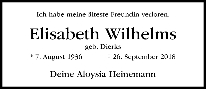  Traueranzeige für Elisabeth Wilhelms vom 29.09.2018 aus Hildesheimer Allgemeine Zeitung