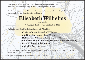 Traueranzeige von Elisabeth Wilhelms von Hildesheimer Allgemeine Zeitung