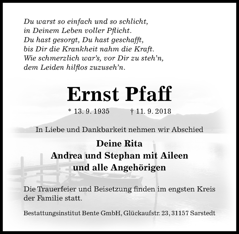  Traueranzeige für Ernst Pfaff vom 15.09.2018 aus Hildesheimer Allgemeine Zeitung