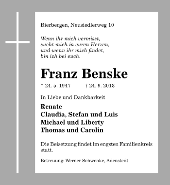 Traueranzeige von Franz Benske von Hildesheimer Allgemeine Zeitung