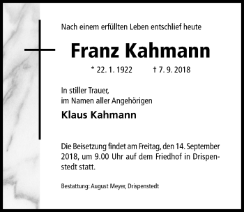 Traueranzeige von Franz Kahmann von Hildesheimer Allgemeine Zeitung