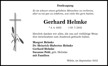 Traueranzeige von Gerhard Helmke von Hildesheimer Allgemeine Zeitung