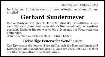 Traueranzeige von Gerhard Sundermeyer von Hildesheimer Allgemeine Zeitung