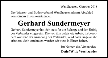 Traueranzeige von Gerhard Sundermeyer von Hildesheimer Allgemeine Zeitung