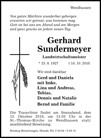 Traueranzeige von Gerhard Sundermeyer von Hildesheimer Allgemeine Zeitung