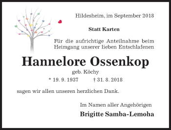 Traueranzeige von Hannelore Ossenkop von Hildesheimer Allgemeine Zeitung