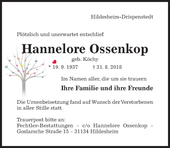 Traueranzeige von Hannelore Ossenkop von Hildesheimer Allgemeine Zeitung