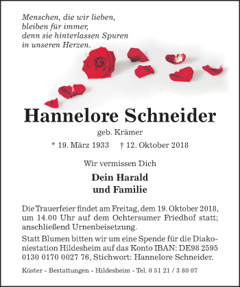 Traueranzeige von Hannelore Schneider von Hildesheimer Allgemeine Zeitung