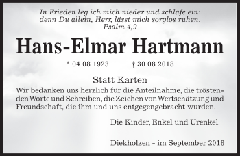 Traueranzeige von Hans-Elmar Hartmann von Hildesheimer Allgemeine Zeitung